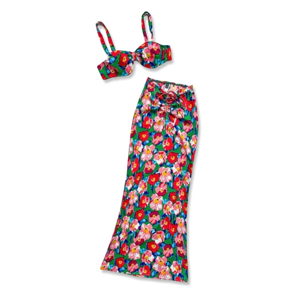 Colorful Floral Maxi Skirt + Top Set | Adjustable Top / Ruched Skirt | S | NWOT